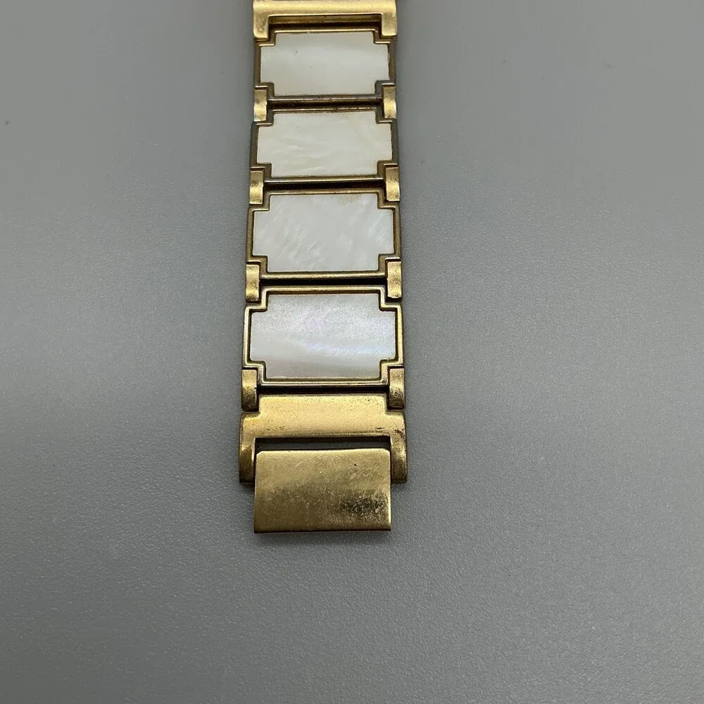 Mother of Pearl Inlay Band Womens Watch 22mm Gold Tone Square New Battery 6.5